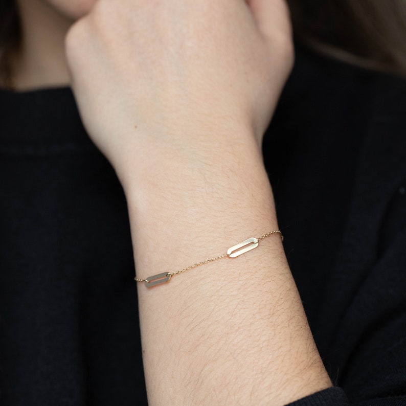 14K Solid Gold Bracelet for Women Paperclip Rectangle Delicate Chain Bracelet Gift for Girlfriend GB00056 image 3