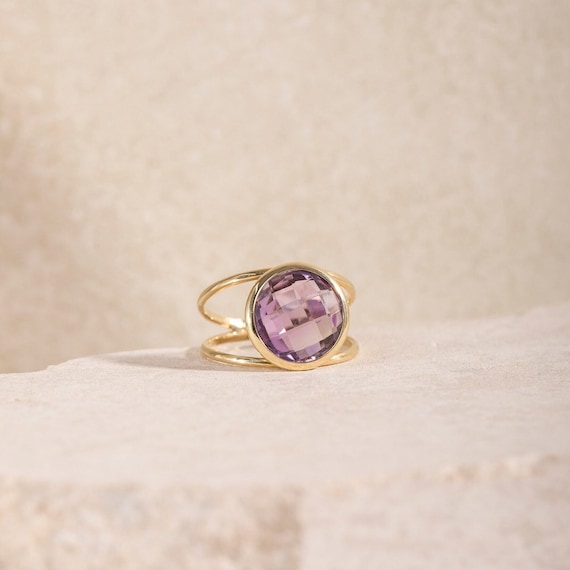 10k Yellow Gold February Birthstone Amethyst Ring - Genuine Gemstone Solitaire Ring (Size 8) - View #8