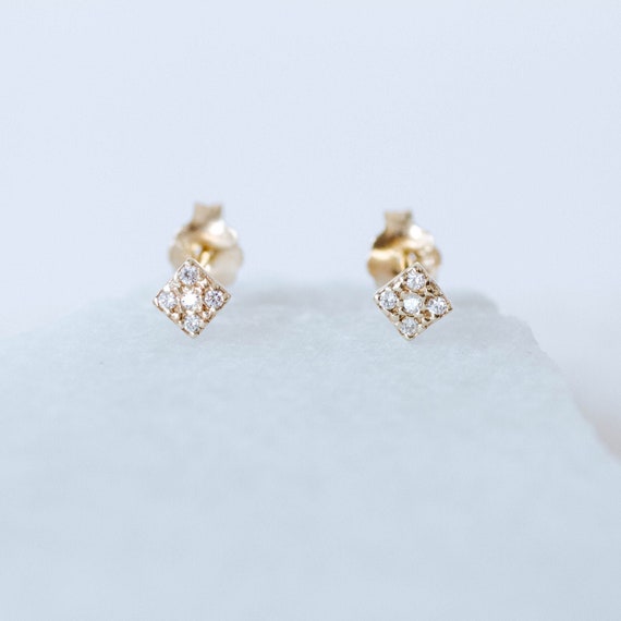 14K Gold Diamond Earrings Square Dainty Tiny Diamond Studs | Etsy