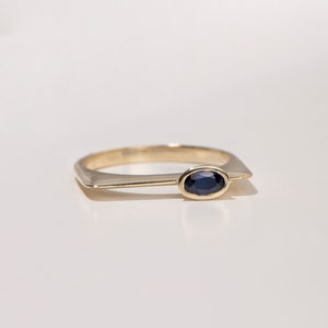 Art Deco Blue Sapphire Ring 14K Gold Thin Flat Top Geometric Ring for Women Oval Sapphire GR00446 image 9