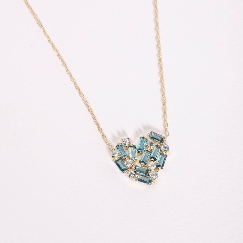 Blue Heart Necklace 14K Gold for Women London Blue Topaz Baguette and Aquamarine Natural Gemstones Gift for Her GN00167 image 3