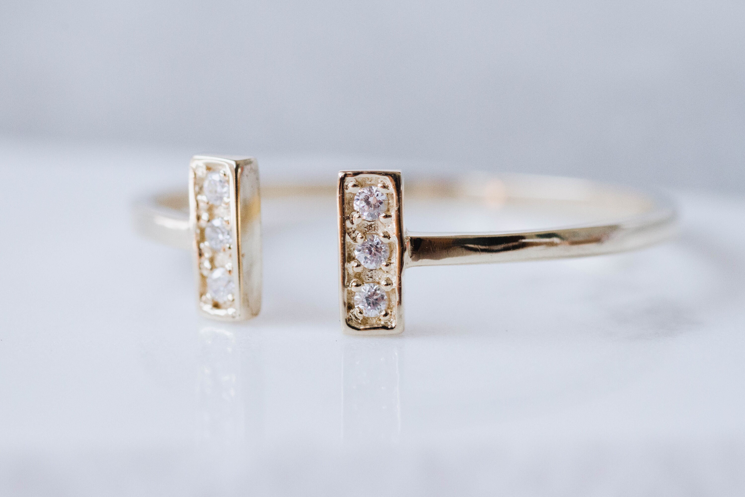 Pave Diamond Bar Ring 14K Gold Double Bar Open Cuff Minimalist Etsy