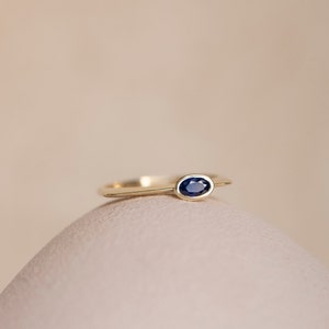 Art Deco Blue Sapphire Ring 14K Gold Thin Flat Top Geometric Ring for Women Oval Sapphire GR00446 image 5