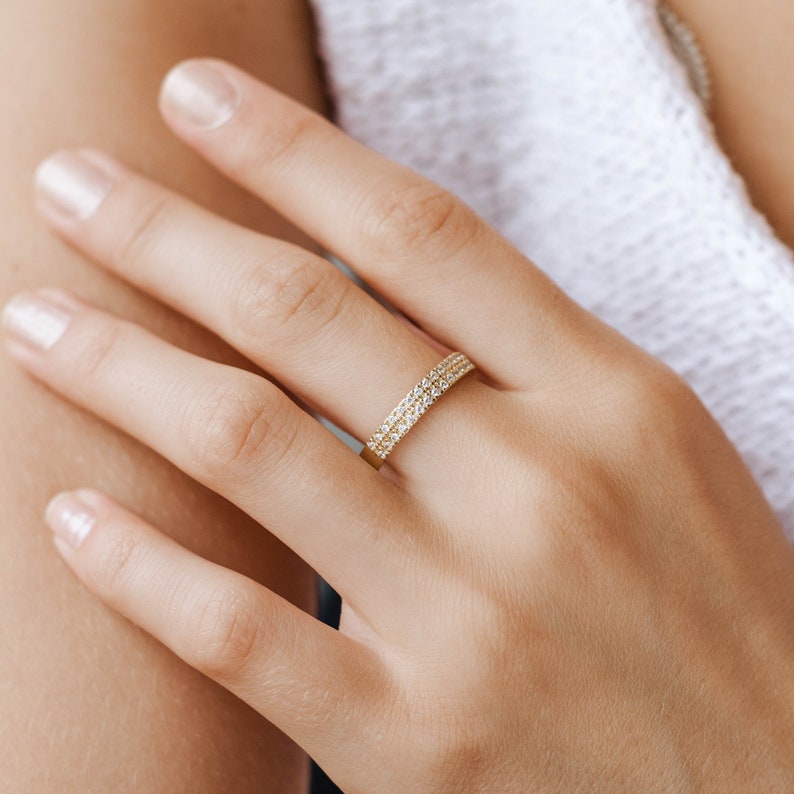 14K Gold Double Row Diamond Wedding Band - Half Eternity Anniversary ...