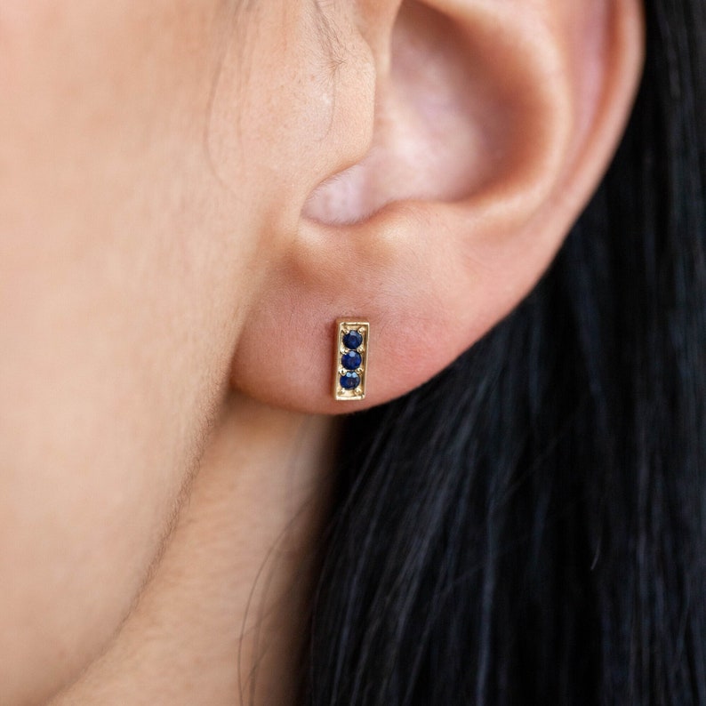 Blue Sapphire Stud Earrings 14K Gold 3 Stone Studs Solid Gold Bar September Birthstone Birthday Gift for Her GE00072-001 image 1