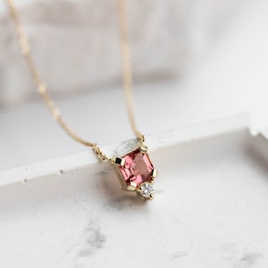Pink Tourmaline Diamond Necklace - 14K Gold Gemstone Pendant, October Birthstone GN00039