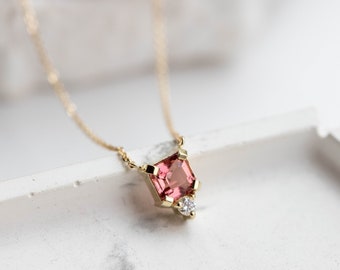 Pink Tourmaline Necklace with Diamond 14K Gold - Natural Gemstone Pendant for Women - October Birthday Gift for Her GN00039