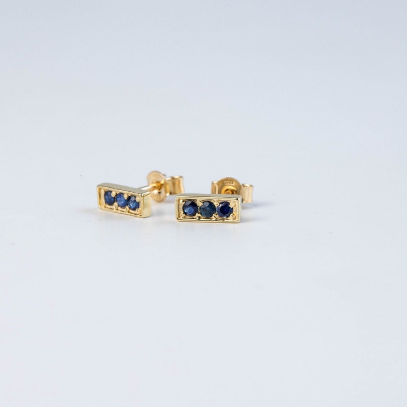 Blue Sapphire Stud Earrings 14K Gold 3 Stone Studs Solid Gold Bar September Birthstone Birthday Gift for Her GE00072-001 image 2