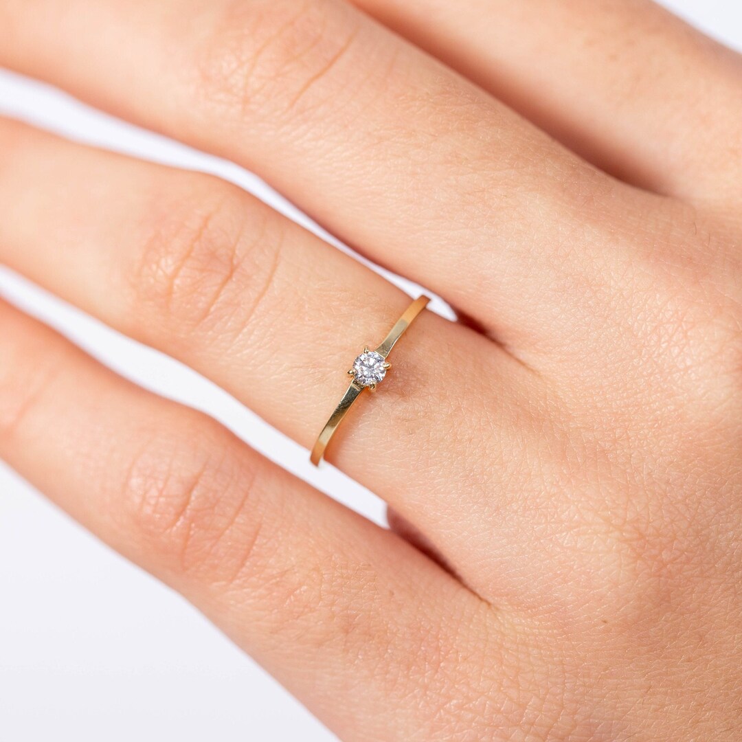 Simple Diamond Engagement Ring Solitaire 14K Solid Gold Dainty Etsy