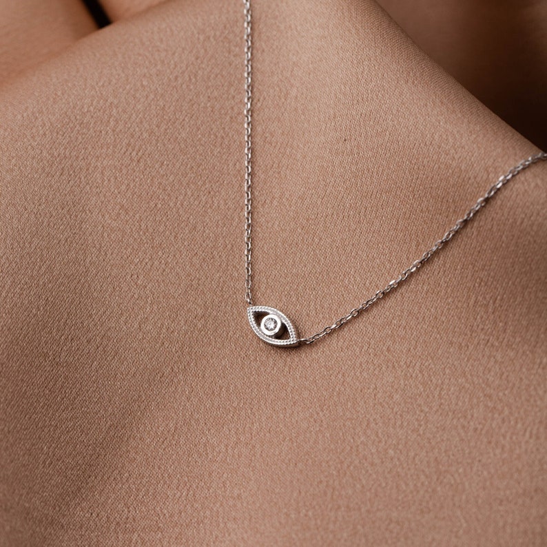 Diamond Evil Eye Pendant Necklace 14K Solid Gold for Women Birthday Gift for Girls for Her GN00107-003 14K White Gold