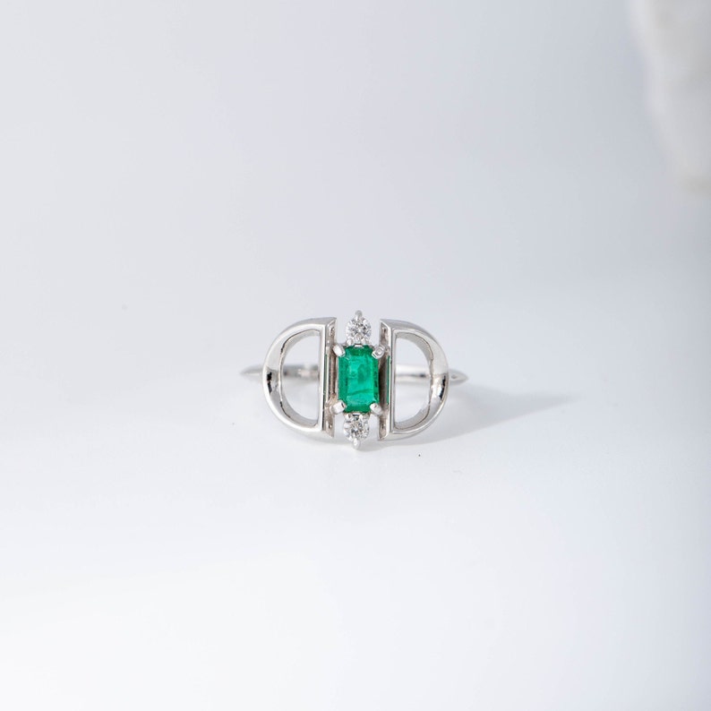 Emerald Diamond Ring Engagement White Gold 14K Unique Anniversary Ring Art Deco Ring for Women GR00251 image 3