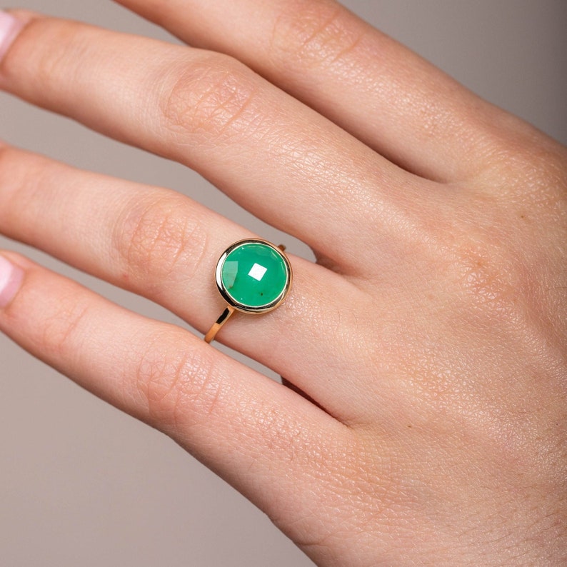 Natural green chrysoprase gemstone ring in 14K yellow gold for women by Kyklos Jewelry.