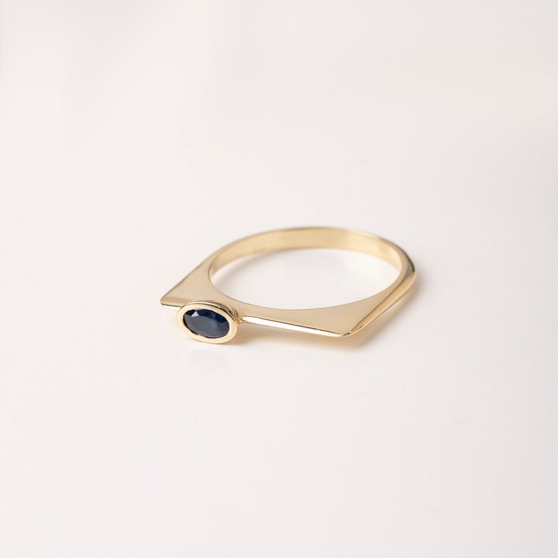 Art Deco Blue Sapphire Ring 14K Gold Thin Flat Top Geometric Ring for Women Oval Sapphire GR00446 image 4