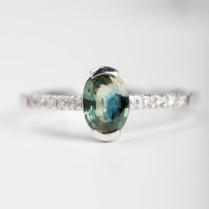 Bicolor Teal Sapphire Engagement Ring, Diamonds Sapphire Ring 14K White Gold Jewelry - Oval Natural Blue Sapphire Ring - GR00366