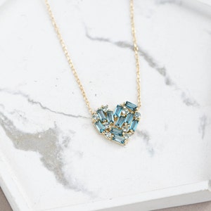Blue Heart Necklace 14K Gold for Women London Blue Topaz Baguette and Aquamarine Natural Gemstones Gift for Her GN00167 image 7