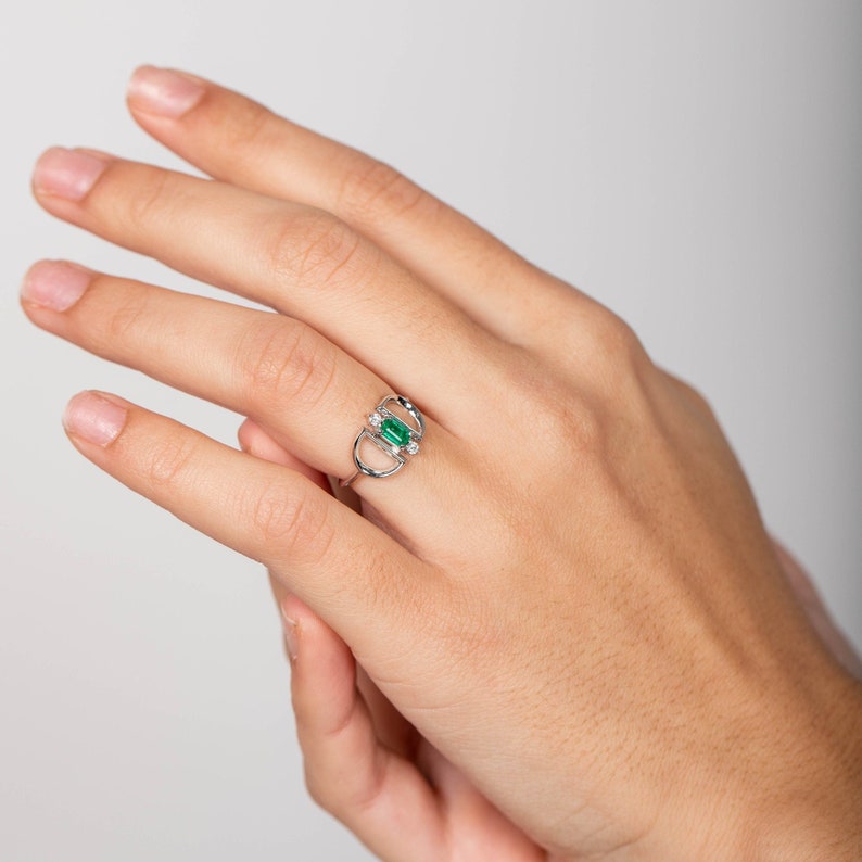 Emerald Diamond Ring Engagement White Gold 14K Unique Anniversary Ring Art Deco Ring for Women GR00251 image 2