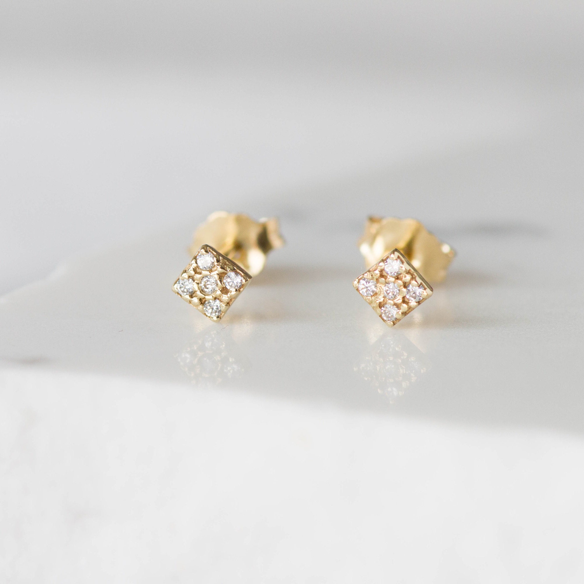 14K Gold Diamond Earrings Square Dainty Tiny Diamond Studs - Etsy