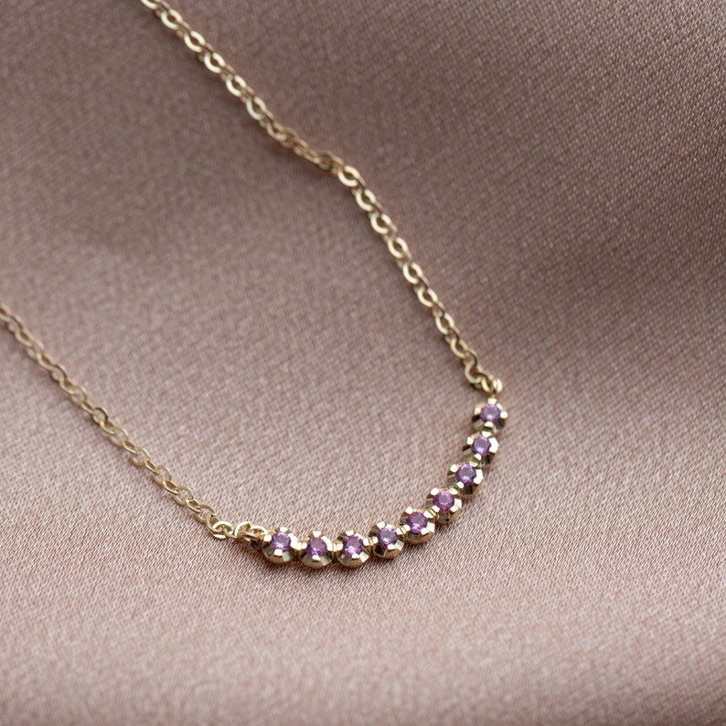 Pink Sapphire Necklace 14K Yellow Gold, Natural Gemstones Bar Necklace Layering for Women GN00001-002 image 4