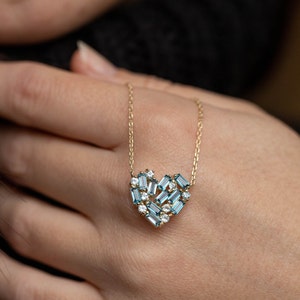 Blue Heart Necklace 14K Gold for Women London Blue Topaz Baguette and Aquamarine Natural Gemstones Gift for Her GN00167 image 5