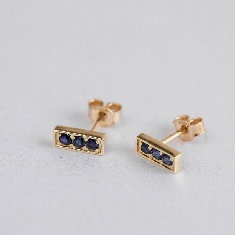 Blue Sapphire Stud Earrings 14K Gold 3 Stone Studs Solid Gold Bar September Birthstone Birthday Gift for Her GE00072-001 image 7