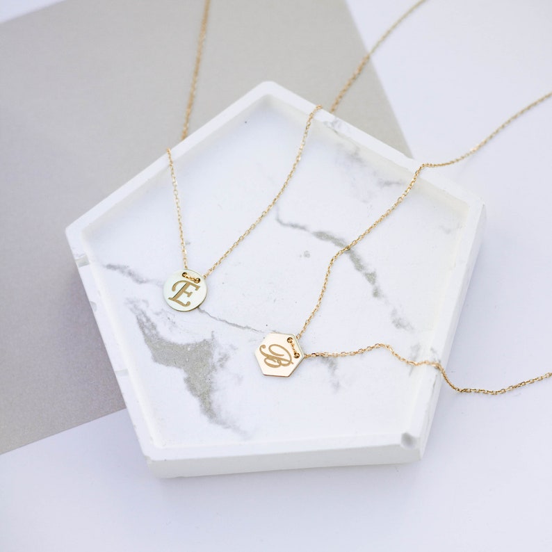 14K Solid Gold Initial Necklace Personalized Silver Custom Monogram Letter Dainty Disc Hexagon Simple Birthday Gift GN00030 image 3