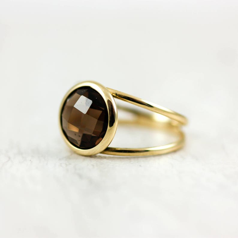 Christmas Gift for Her GR0232 Smoky Quartz Ring 14K Gold Ring Double Gold Gemstone Ring