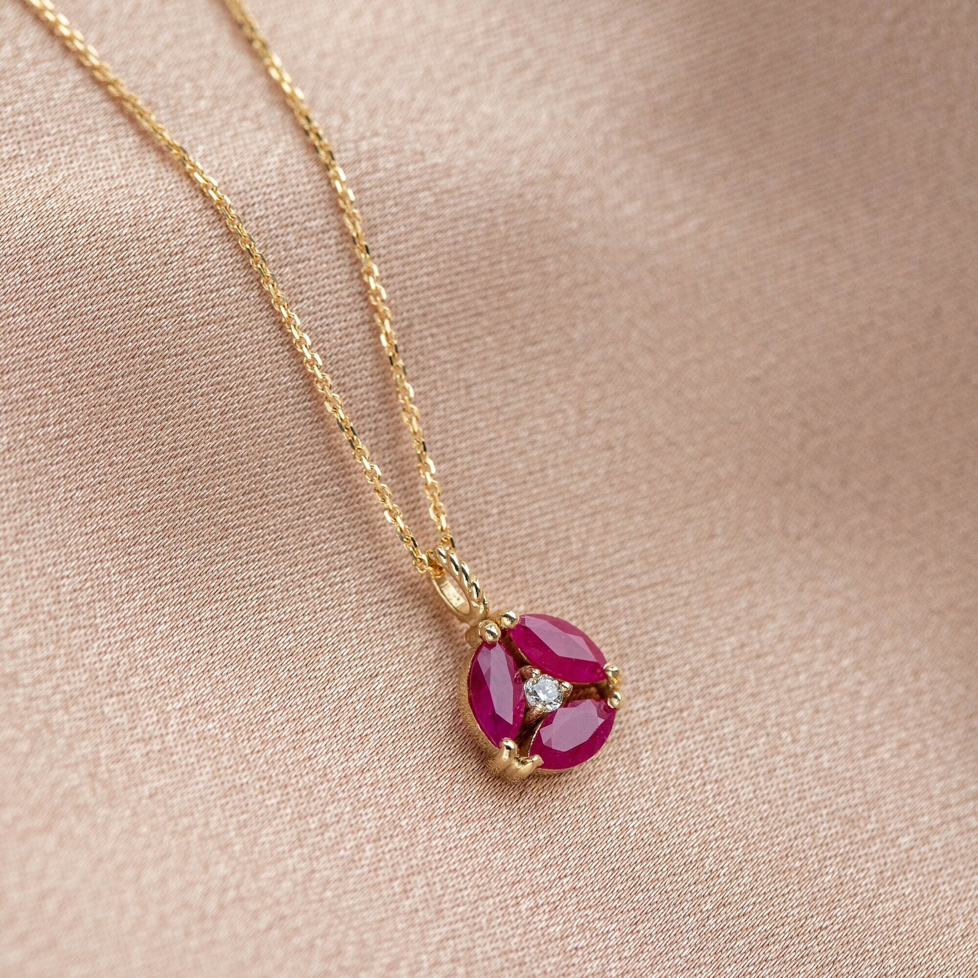 Ruby Diamond Flower Necklace 14K Gold - Natural Genuine Ruby