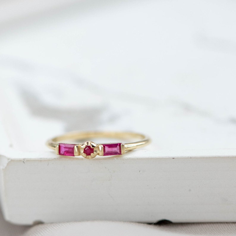 Red ruby ring for women in 14K solid yellow gold.