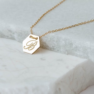 14K Solid Gold Initial Necklace Personalized Silver Custom Monogram Letter Dainty Disc Hexagon Simple Birthday Gift GN00030 14K Gold - Hexagon