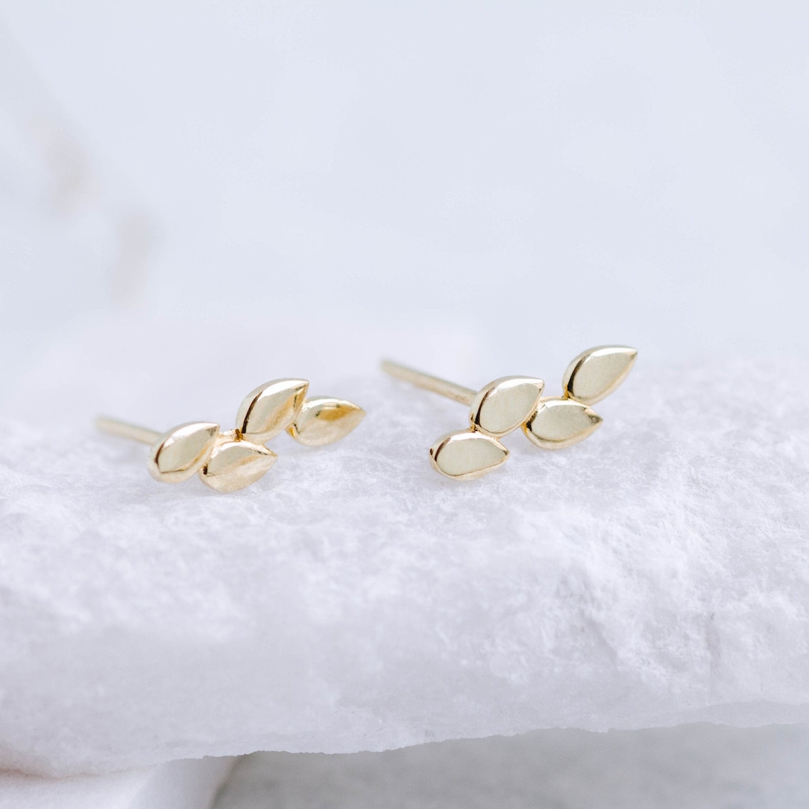 Leaf Stud Earrings 14K Solid Gold Small Laurel Vine Studs Etsy