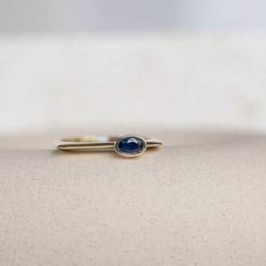Art Deco Blue Sapphire Ring 14K Gold Thin Flat Top Geometric Ring for Women Oval Sapphire GR00446 image 8