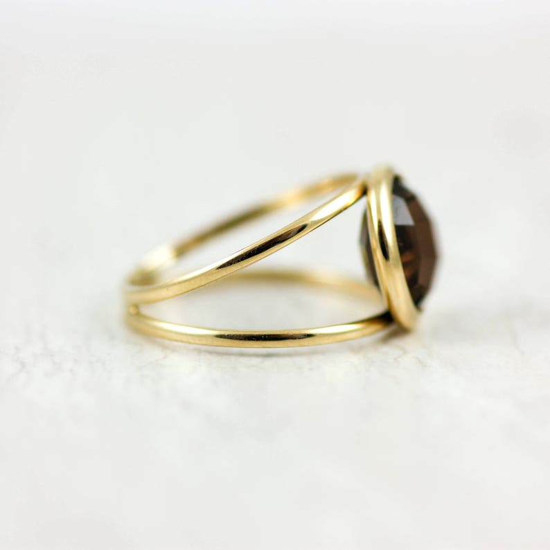 Christmas Gift for Her GR0232 Smoky Quartz Ring 14K Gold Ring Double Gold Gemstone Ring