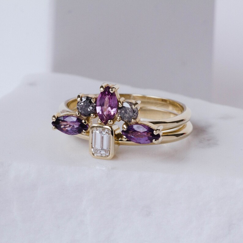 Alternative Wedding Band Purple Sapphire Gray Diamond Ring, Engagement Ring Set, Stacking Gold Ring, GR00126 image 4