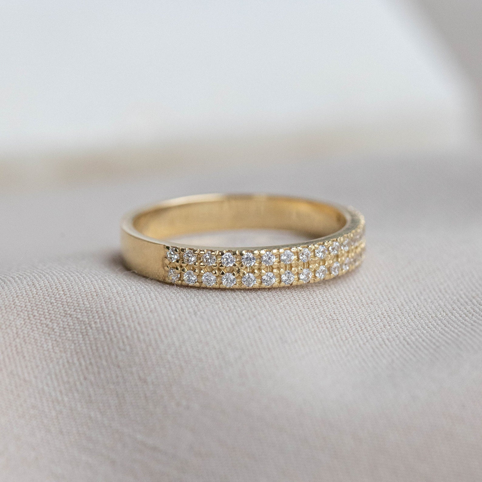 14K Gold Double Row Diamond Wedding Band - Half Eternity Anniversary ...