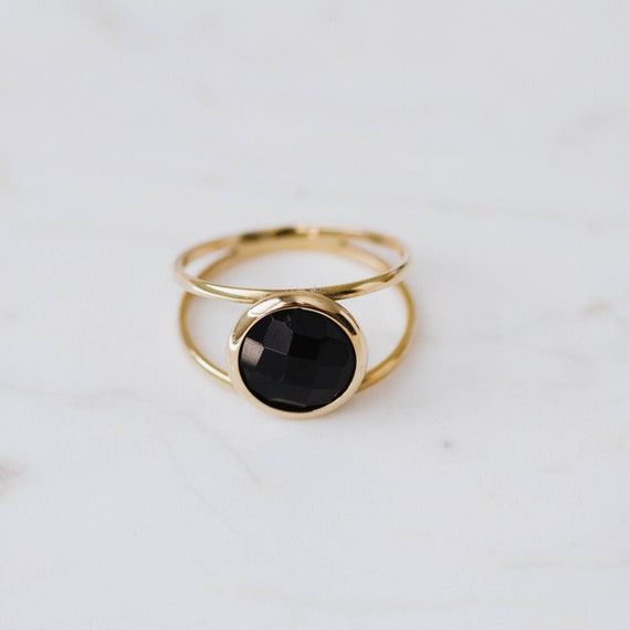 Black Onyx Ring 14k Solid Gold Statement Ring Double Gold Band Etsy