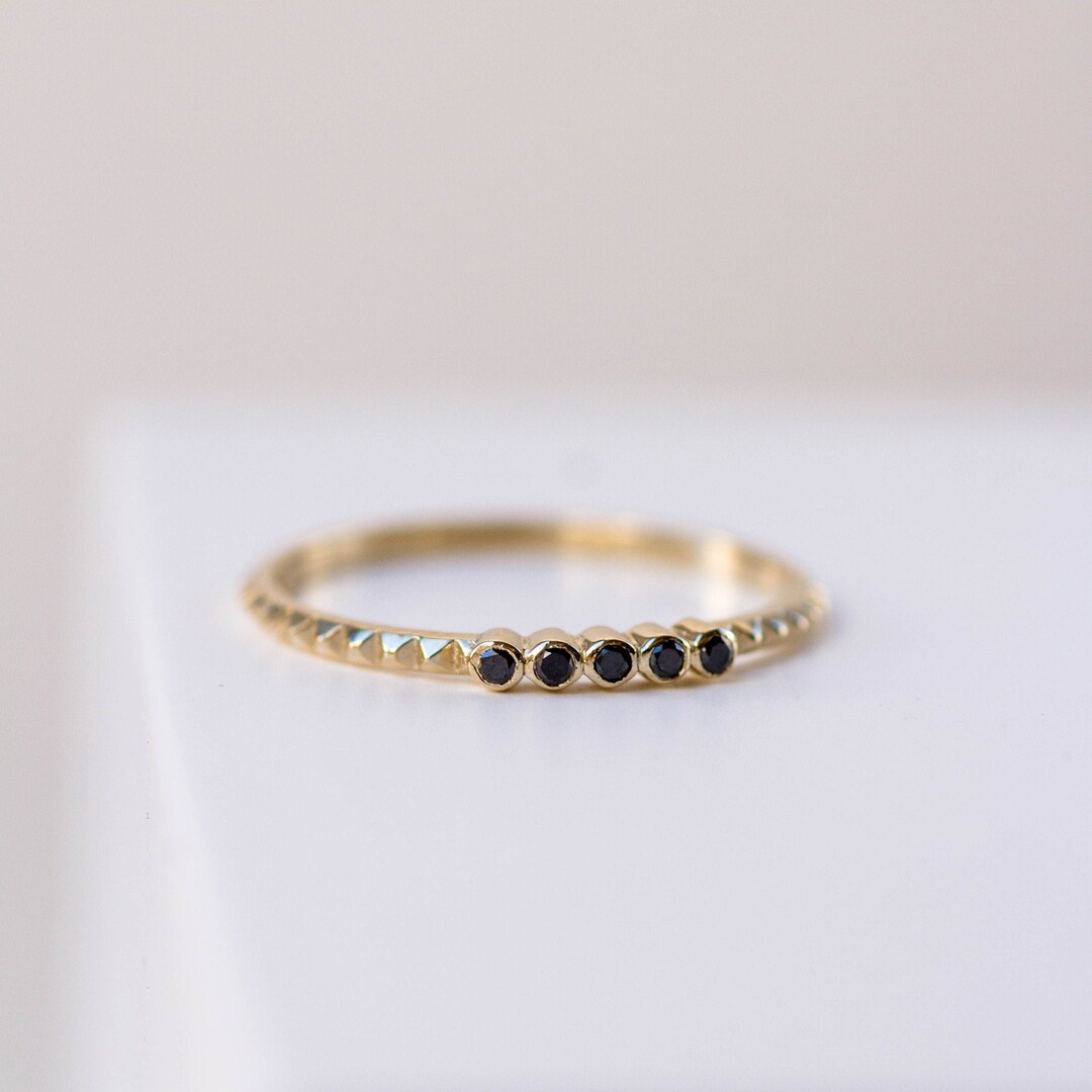 14K Solid Gold Pyramid Ring With Black Diamonds Stacking - Etsy
