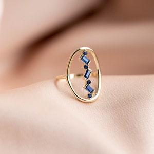 Bague Art Déco Saphir Bleu Baguette en Or 14K Bague Ovale Déclaration pour Femme GR00219 001 image 9