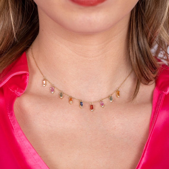 Natural Rainbow Sapphire Necklace 14k Gold Dangle Diamonds Etsy