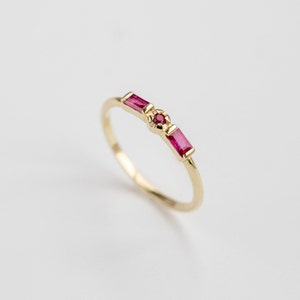 Baguette ruby ring in 14K solid gold, dainty and minimalist, ideal for stacking with more gemstone rings.