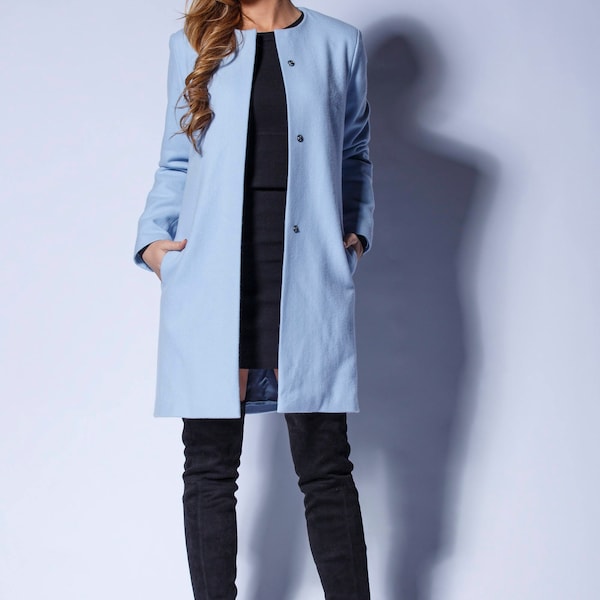Veste femme bleu clair, manteau d'hiver, veste longue, manteau en laine, manteau élégant, vêtements de marque, manteau pour femme, trench-coat tendance, pardessus en laine