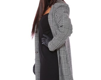 Houndstooth Wool Coat - Women's A-Line Winter Overcoat