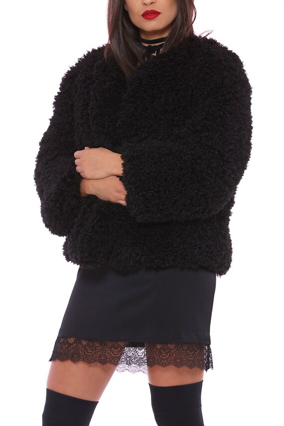 black fluffy jacket