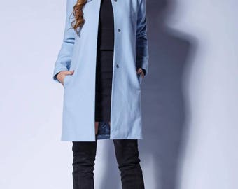 Wool Jacket, Sky Blue Women Jacket, Winter Coat, Long Jacket, Manto, Wool Coat, Elegant Coat, Buttonless Trench Coat, Designer Clothing,