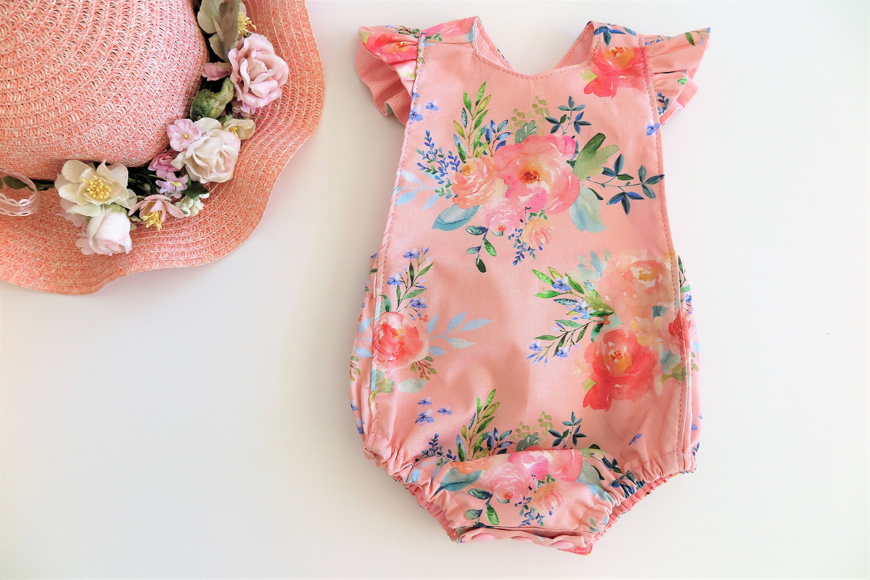 Baby Girl Romper, Apricot, Floral Frilled Strap Romper Size, 3-6