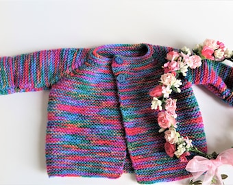 Knitted babywear, Hot pink and turquoise variegated knitted baby cardigan Size 0-3 months Ready to ship