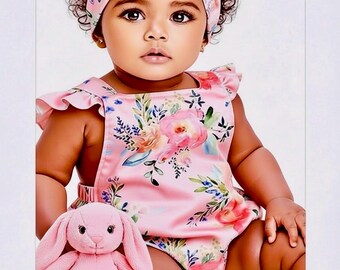 Baby girl romper, Apricot, floral frilled strap romper  Size, 3-6  and 12-18 months