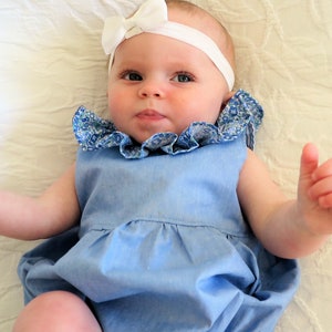 DISCOUNTED Baby Girl Romper, Baby girl fashion. Blue chambray romper with liberty look frilled collar. Size 0-3 months Ready to ship