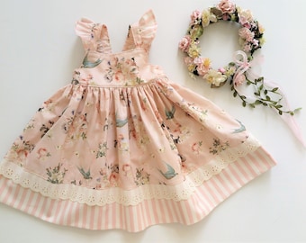 Currently  SOLD OUT Baby dress Toddler dress Vintage look toddler dress Pale apricot with bluebird floral summer dress Size 1 Ready to Ship