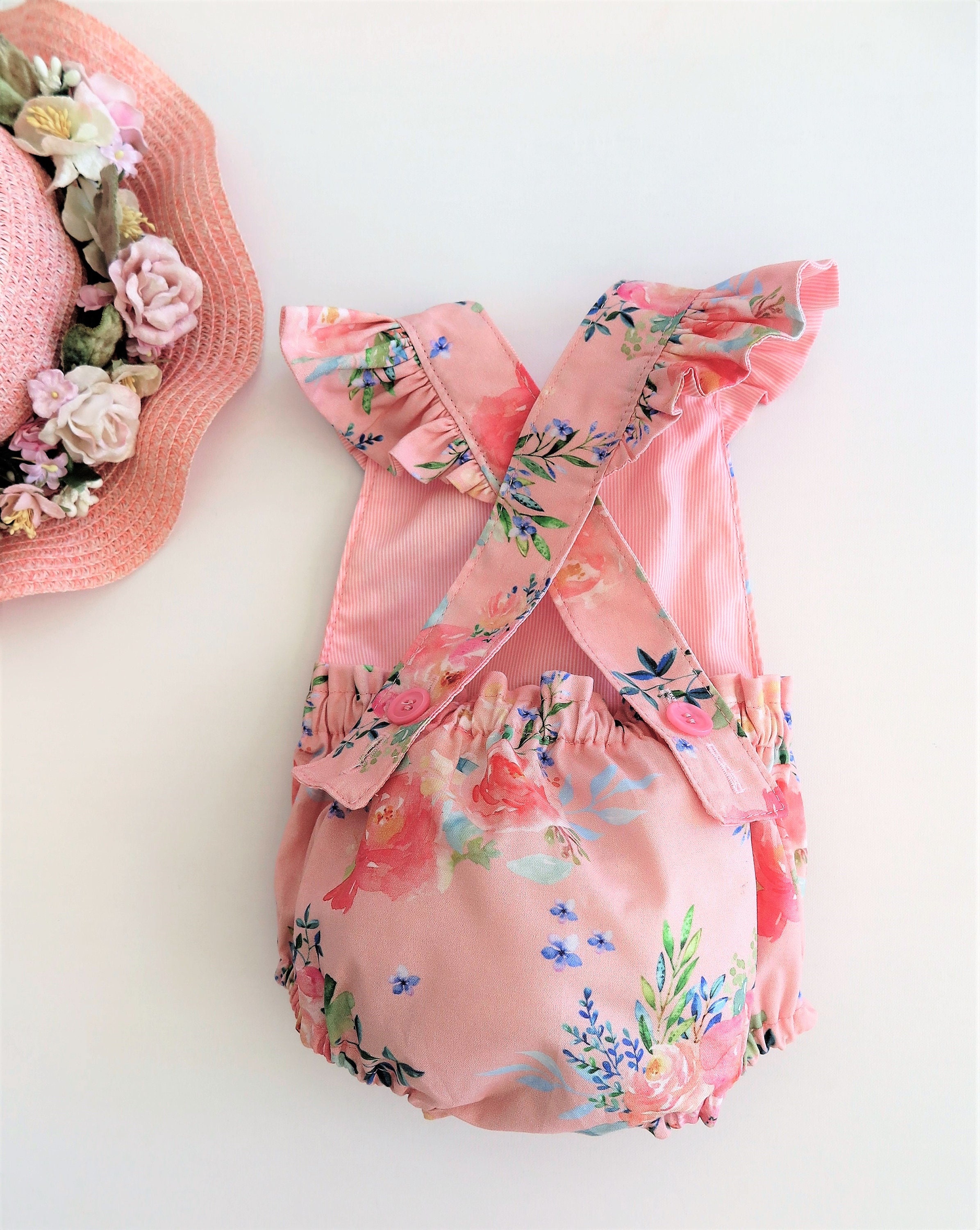 Baby Girl Romper, Apricot, Floral Frilled Strap Romper Size, 3-6 