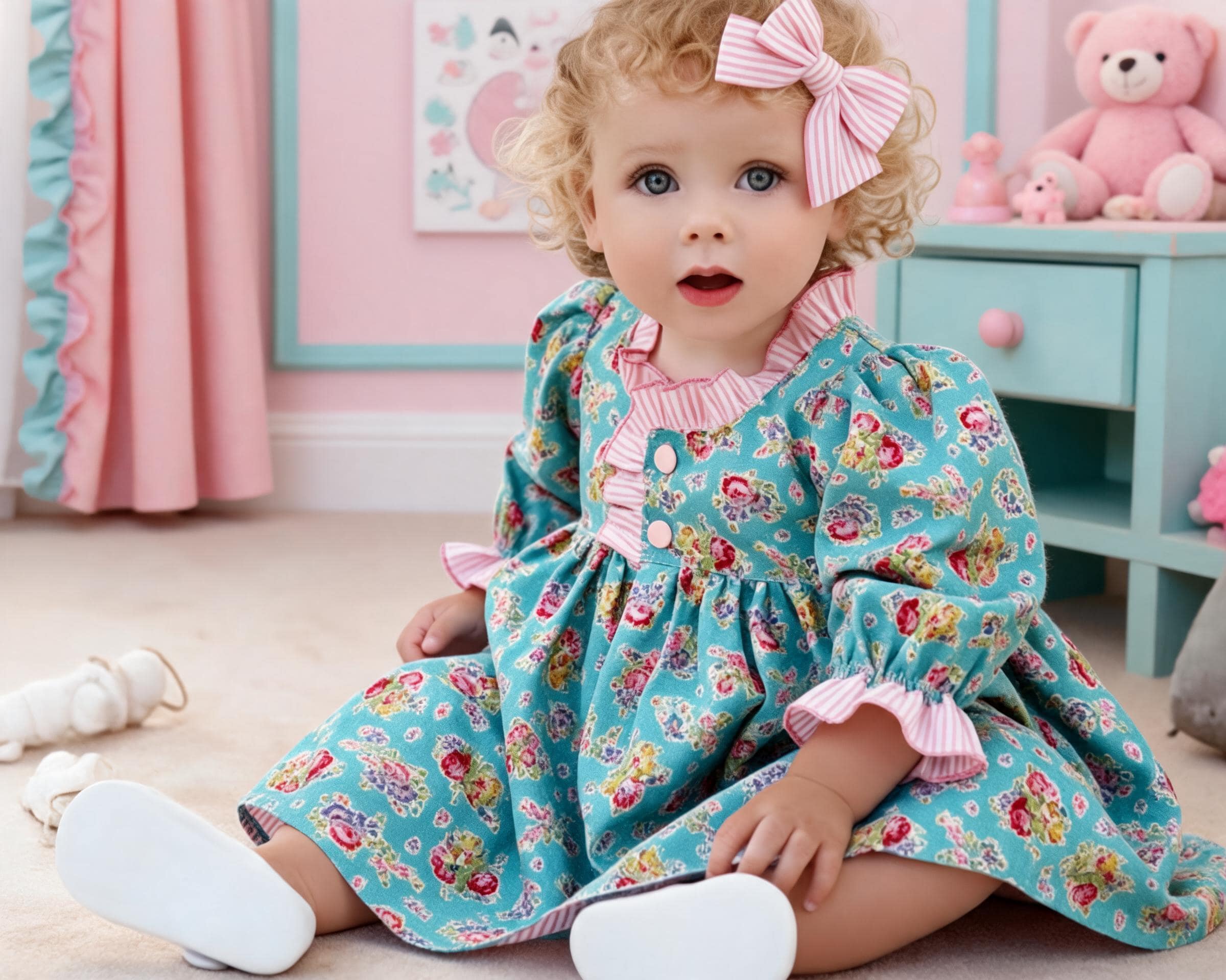 Turquoise floral Baby Dress, Pink Trim, Long Sleeved, 3-6 Months
